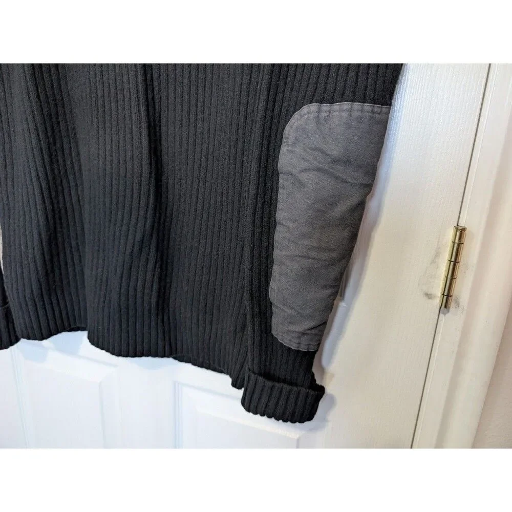 LL Bean Sweater Mens Large Black Commando Merino Wool Ribbed Knit Elbow Patches